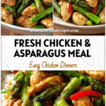 Colorful chicken and asparagus stir-fry served in a white bowl as a Healthy Dinner With Asparagus.